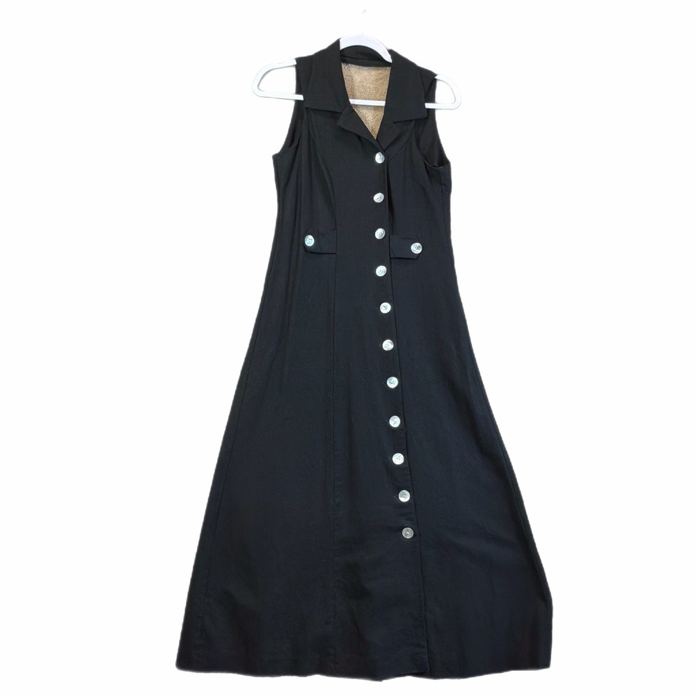 Virgo Black Linen Maxi Dress Sleeveless Button Open Back Sz 8 Quiet Luxury EUC